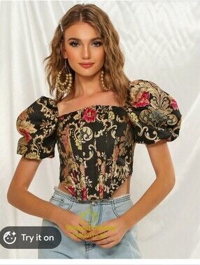 Ms BLING Black Floral Puff-Sleeve Bustier Corset Top Womens Size Large